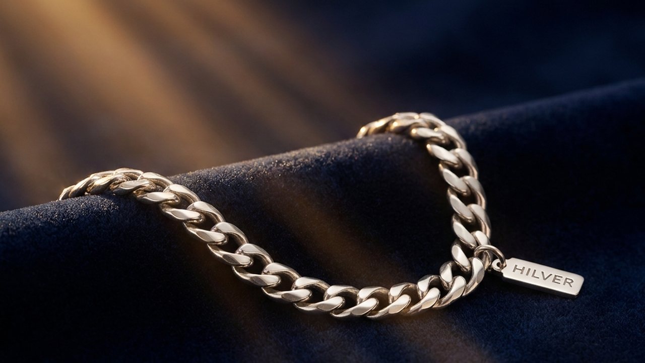 A Hilver silver curb chain resting on deep navy velvet, lit by warm brass light