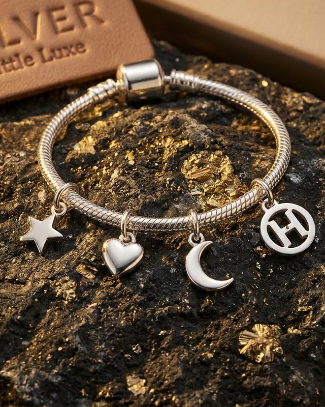 Silver charm bracelet with star, heart and moon charms, from the Little Luxe tier